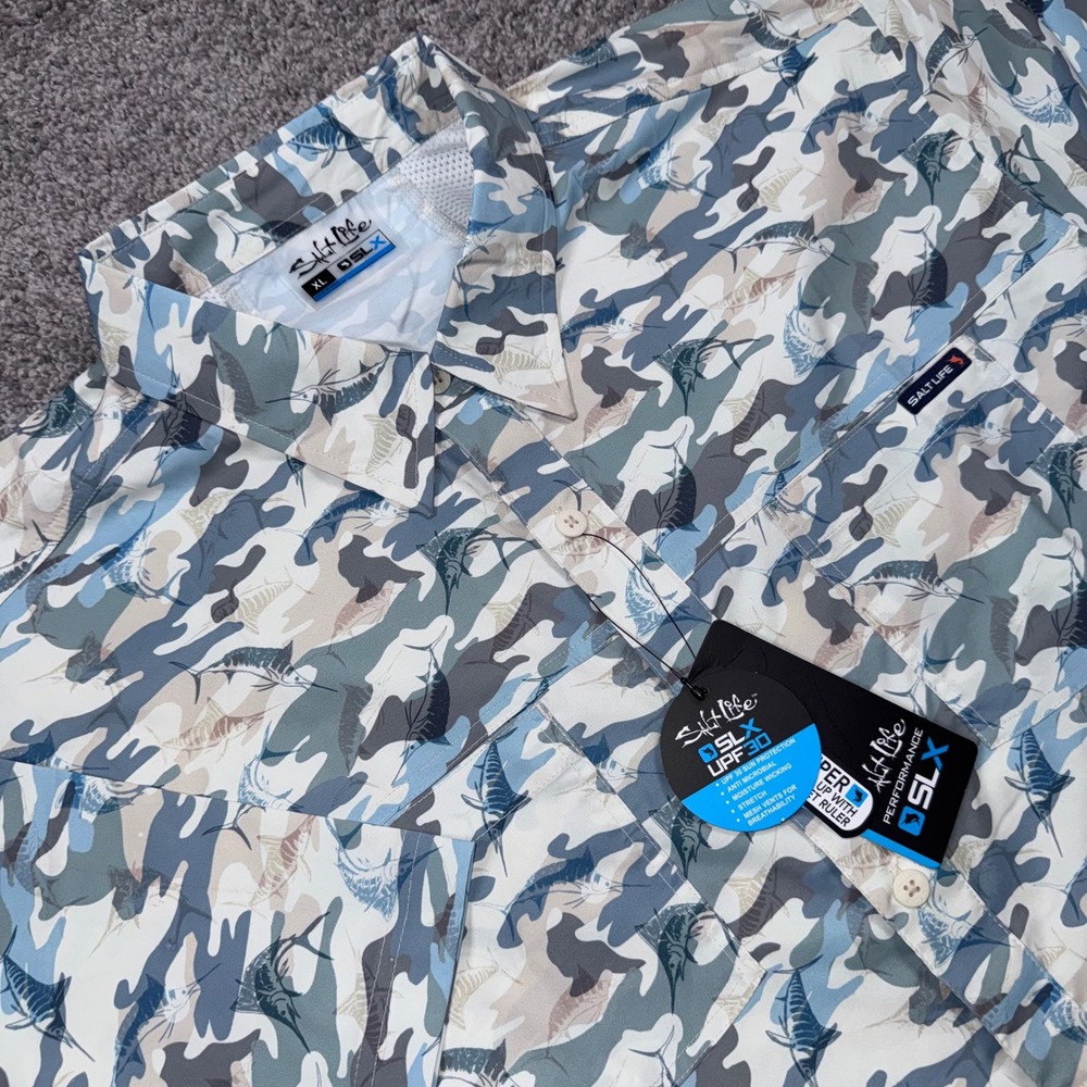 Salt Life SLX Performance Fishing Shirt Mens Stretch Camo Blue XL NEW